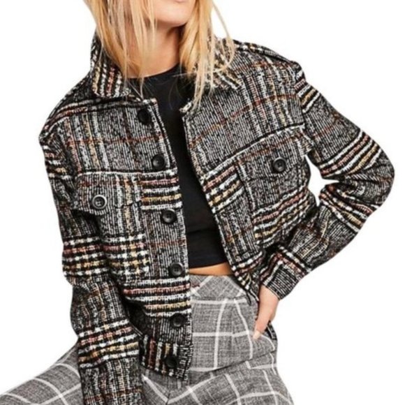 Free People Slouchy Eisenhower Gray Plaid Cropped Jacket Size XS - Picture 1 of 14